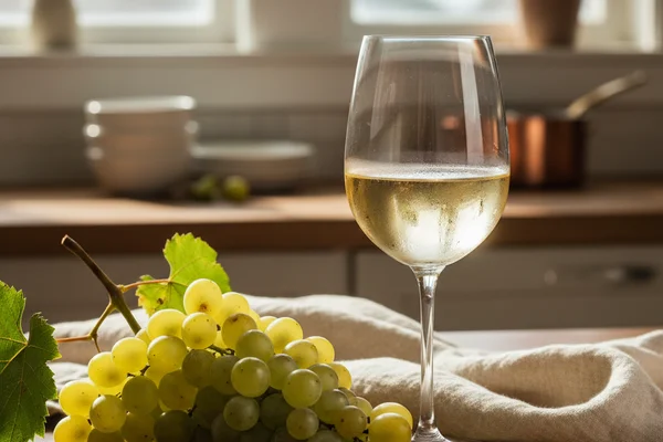 Chilled glass of pale golden Blanc du Bois white wine on a walnut surface in soft natural light