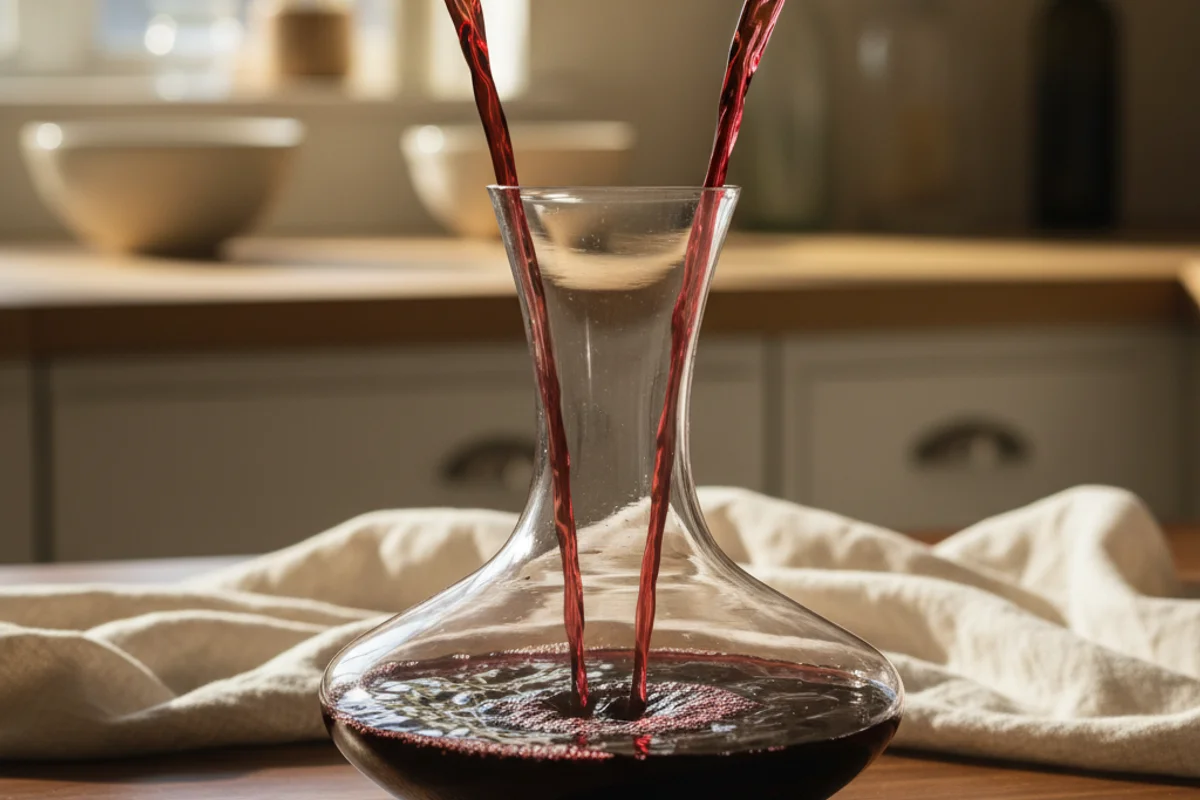 Assorted wine glasses filled with red and white wines on a walnut surface in warm natural light