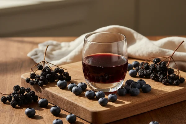 Deep ruby blueberry-elderberry port in a wide-bowled glass on a warm walnut surface with soft natural light