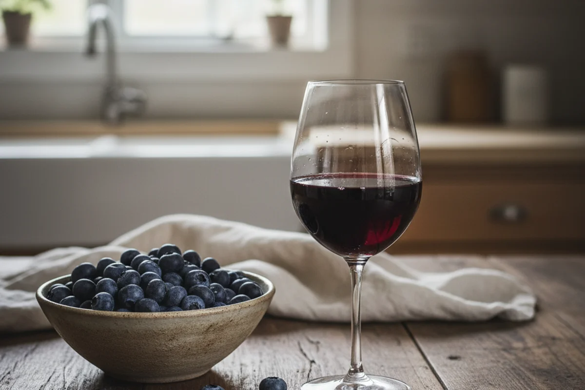 Deep ruby blueberry port wine in a glass beside fresh blueberries on a walnut surface