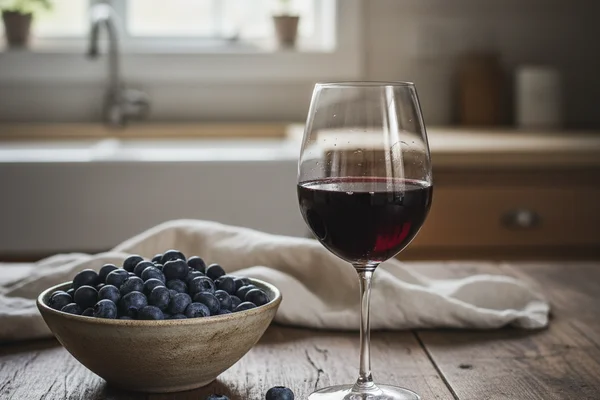 Deep ruby blueberry port wine in a glass beside fresh blueberries on a walnut surface