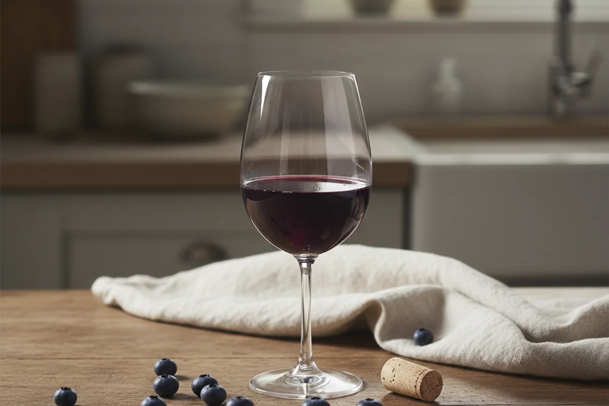 Fresh blueberries beside a glass of deep purple wine on a walnut surface in warm natural light