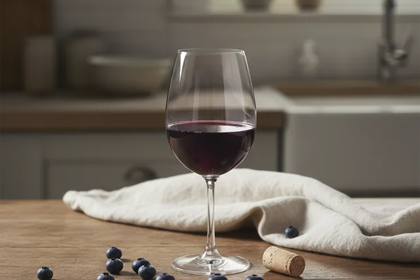 Fresh blueberries beside a glass of deep purple wine on a walnut surface in warm natural light