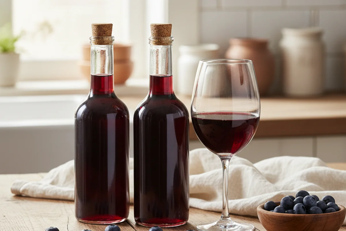 Fresh blueberries in a rustic bowl on a walnut surface beside a glass of deep violet wine in soft natural light