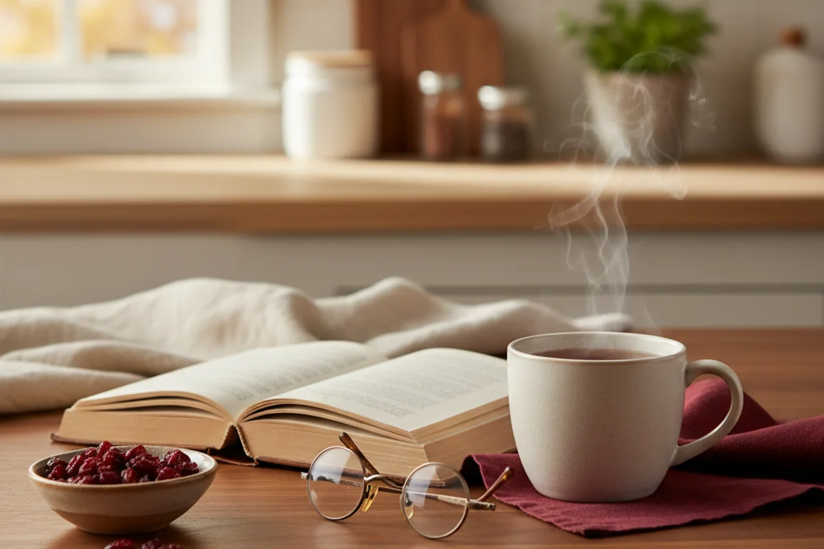 Open winemaking book resting on a walnut surface beside soft natural light and cream linen
