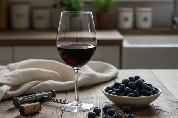 Fresh boysenberries beside a glass of deep ruby wine on a walnut surface in warm natural light