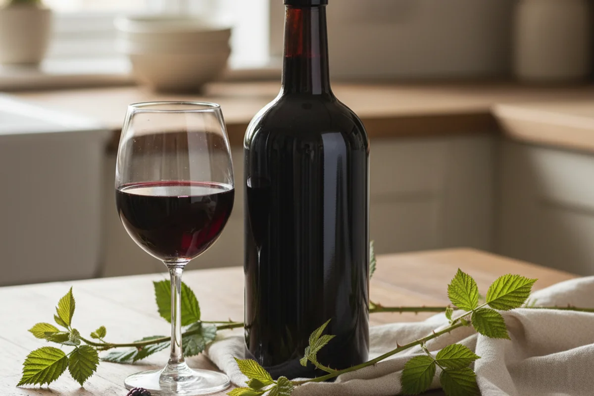 Young bramble tip cuttings beside a glass of deep ruby wine on a warm walnut surface in soft natural light