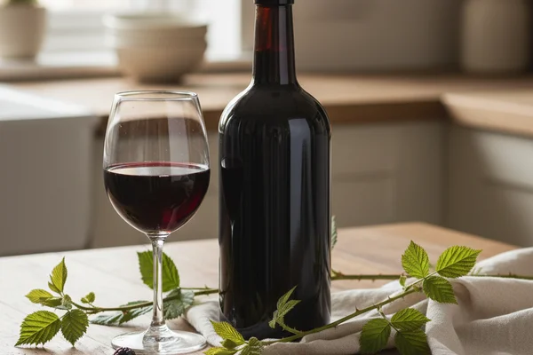 Young bramble tip cuttings beside a glass of deep ruby wine on a warm walnut surface in soft natural light