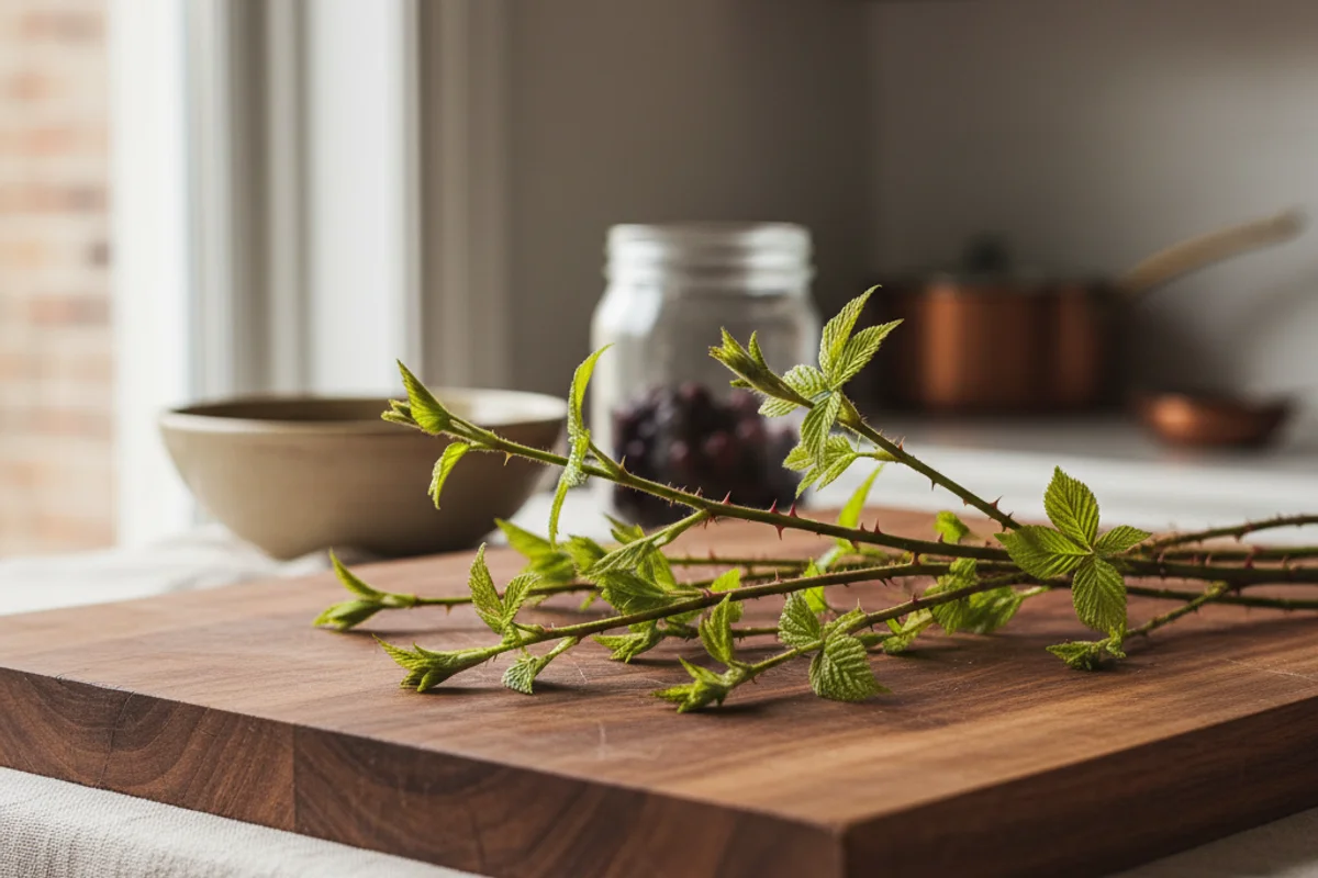 Freshly picked wild bramble berries in a rustic bowl on a warm walnut surface in soft natural light