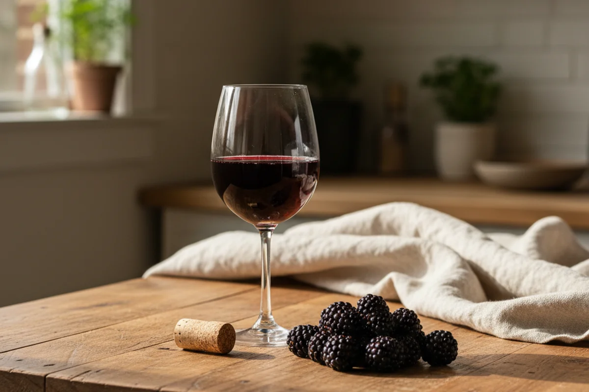 Fresh blackberries and a glass of deep red wine on a walnut surface in warm natural light