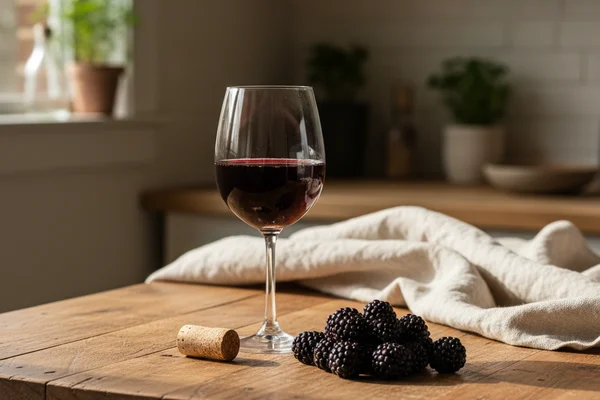 Fresh blackberries and a glass of deep red wine on a walnut surface in warm natural light