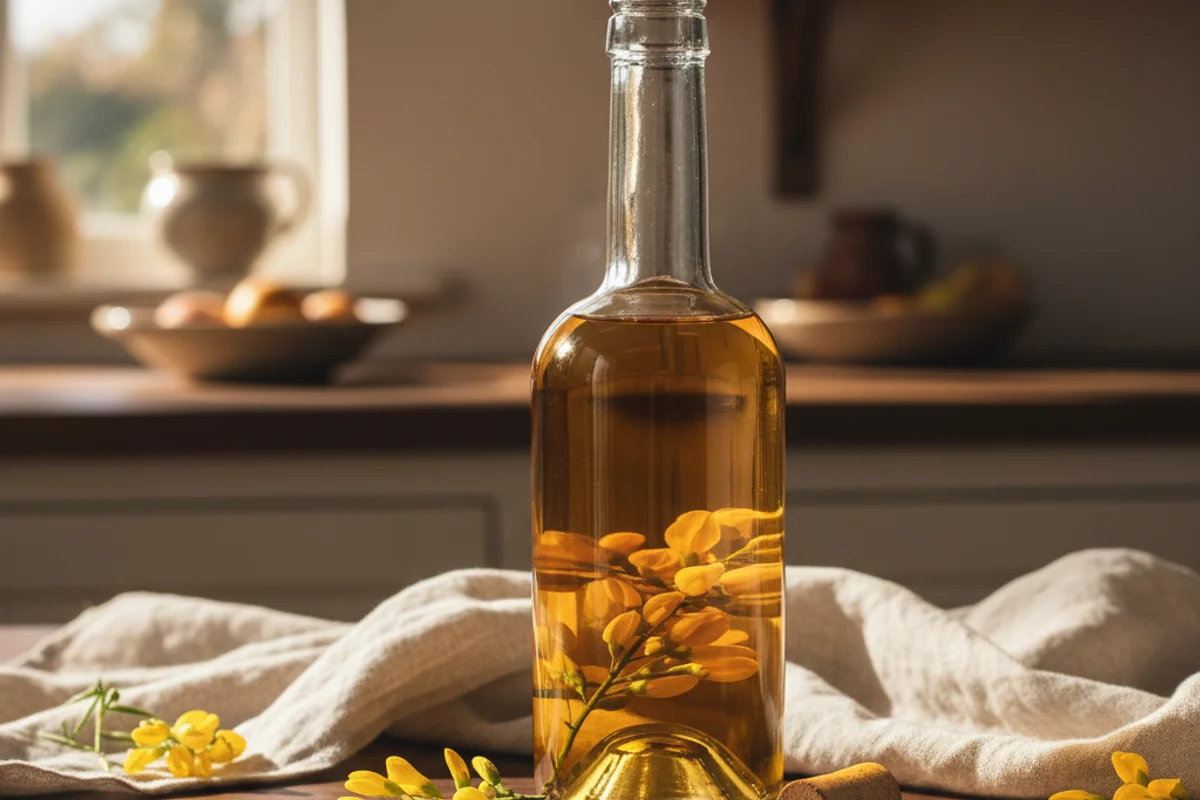 Dried broom flowers in a rustic bowl on a walnut surface beside a glass of pale golden sweet wine
