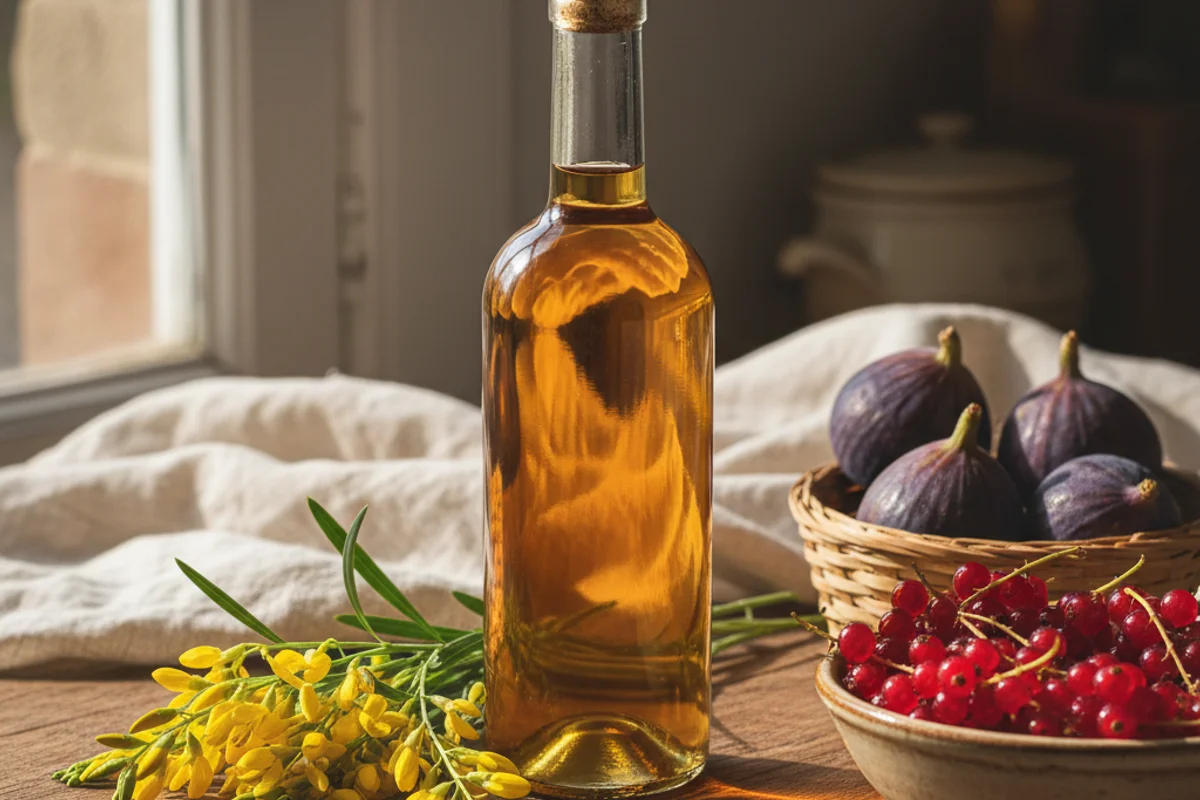 Broom flower wine in a glass jar on a walnut surface, soft natural light, cream linen backdrop