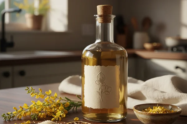 Dry broom wine in a rustic glass on a walnut surface, soft natural light, cream linen backdrop