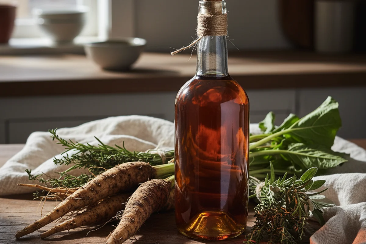 Dried burdock root beside a glass of amber wine on a walnut surface in warm natural light