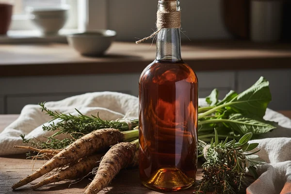 Dried burdock root beside a glass of amber wine on a walnut surface in warm natural light