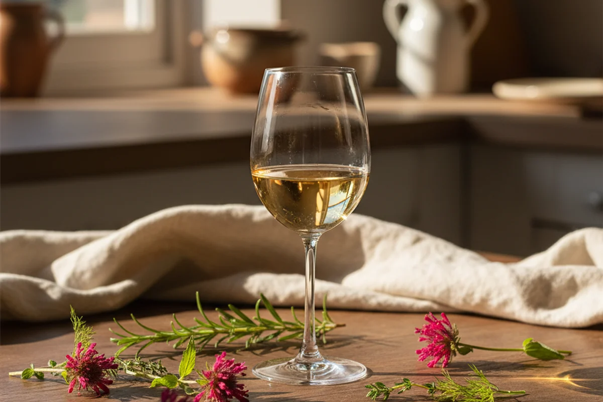 Dried burnet flowers beside a glass of pale golden wine on a warm walnut surface in soft natural light