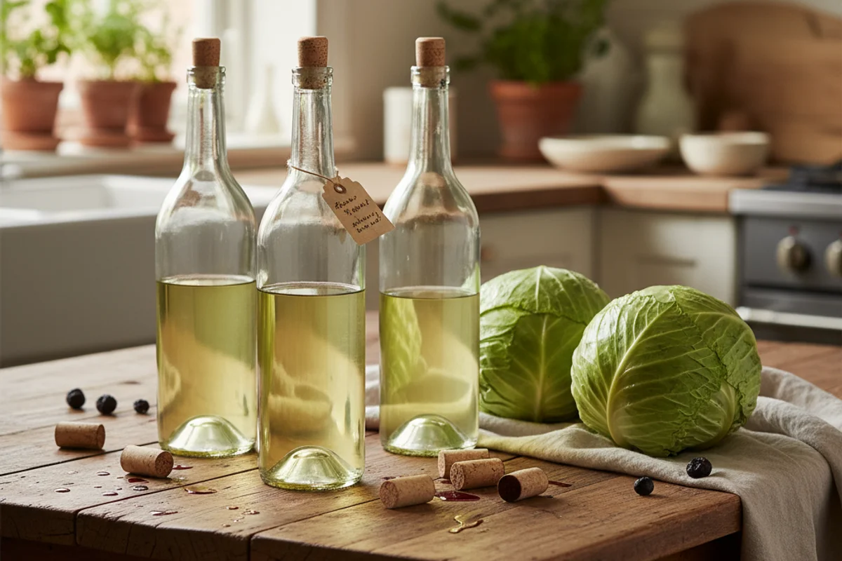 Rustic glass carboy of pale cabbage wine on a walnut surface in warm natural light