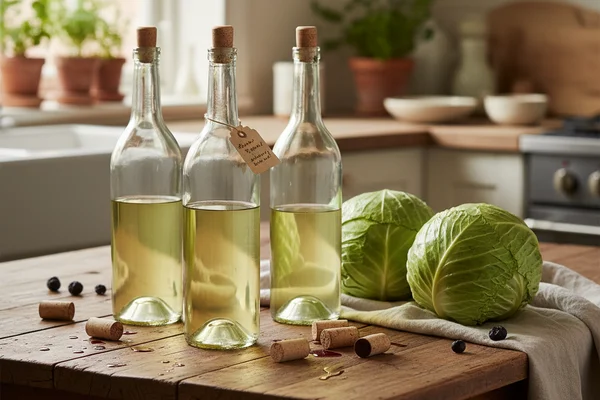 Rustic glass carboy of pale cabbage wine on a walnut surface in warm natural light
