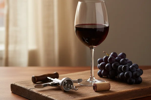 Cabernet Sauvignon grapes and winemaking equipment on a walnut surface in warm natural light