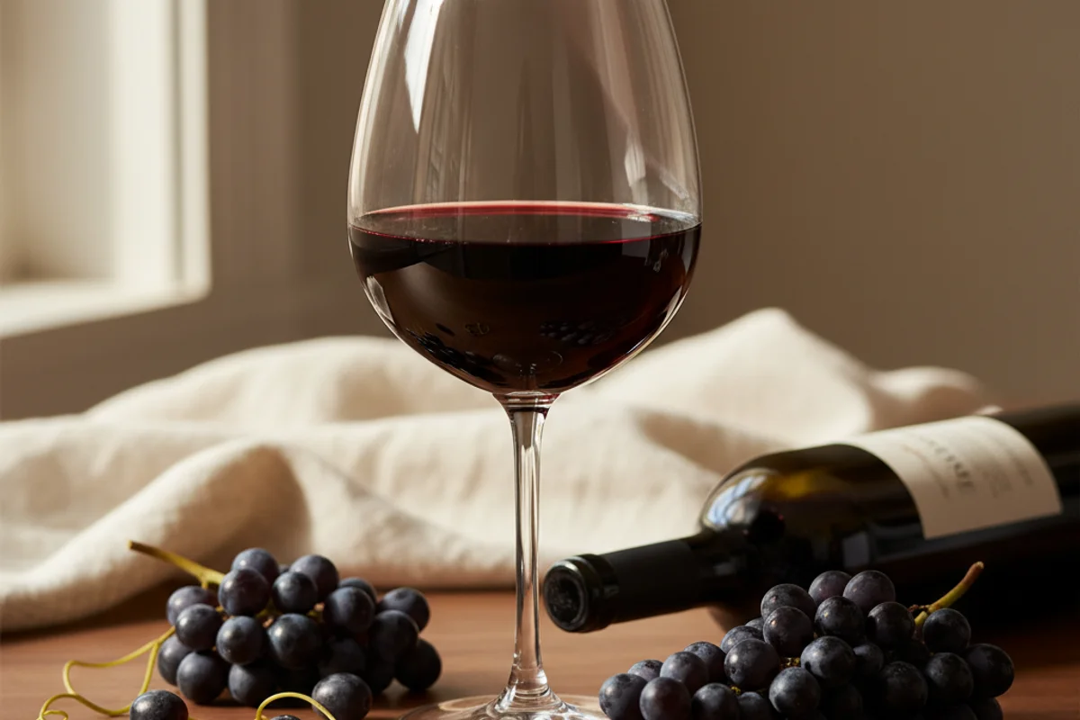 Cabernet Sauvignon wine in a glass on a walnut surface, soft natural light, cream linen backdrop