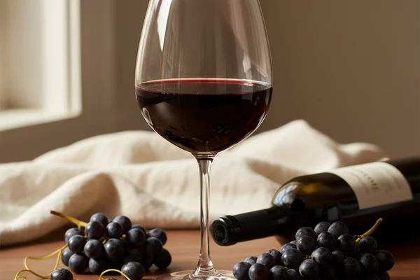 Cabernet Sauvignon wine in a glass on a walnut surface, soft natural light, cream linen backdrop