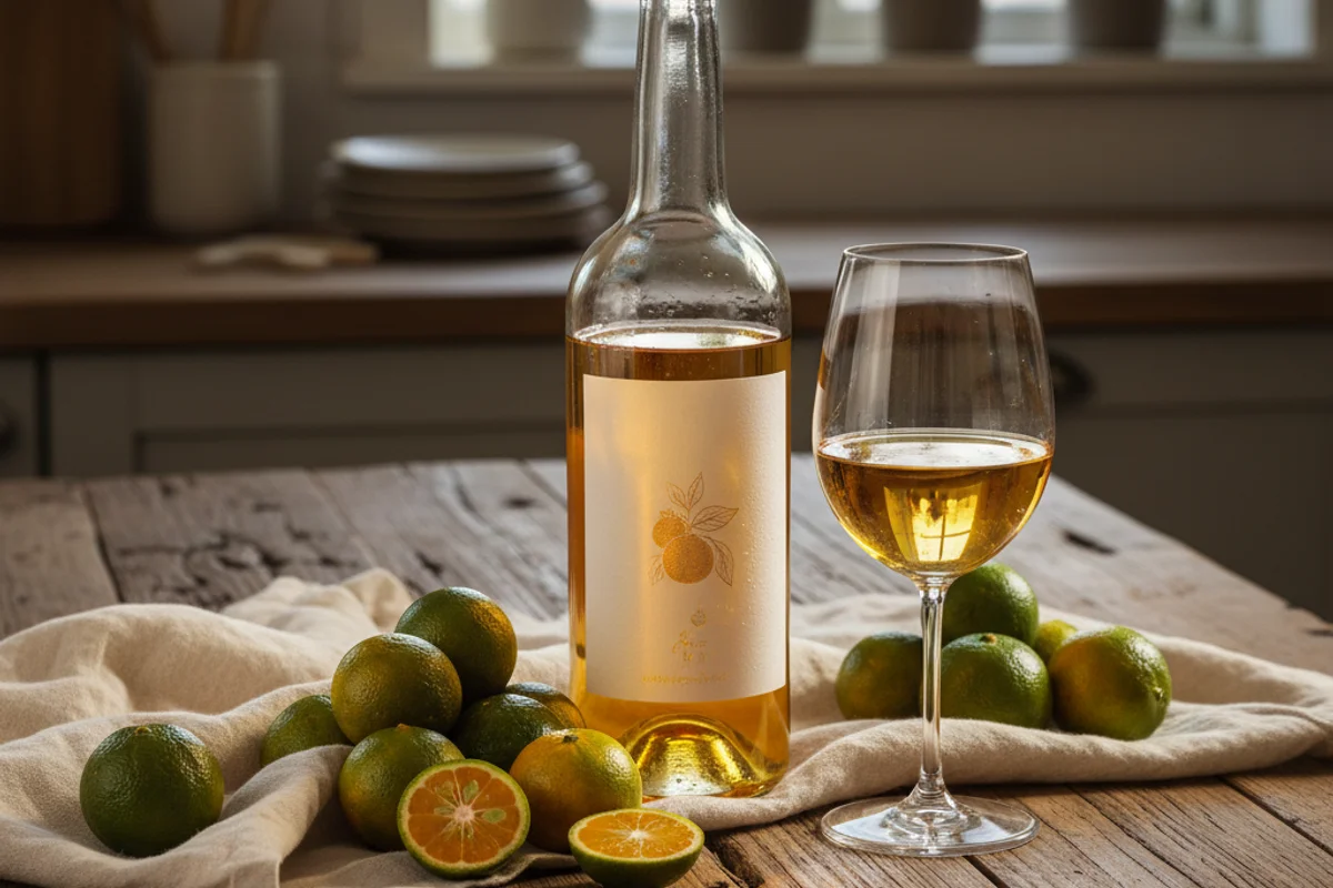 Fresh calamondin citrus fruits beside a glass of golden wine on a walnut surface in soft natural light