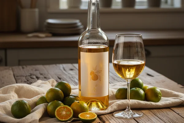 Fresh calamondin citrus fruits beside a glass of golden wine on a walnut surface in soft natural light