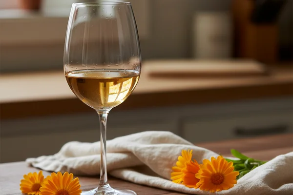 Dried calendula petals in a glass jar beside a wine bottle on a warm walnut surface in soft natural light