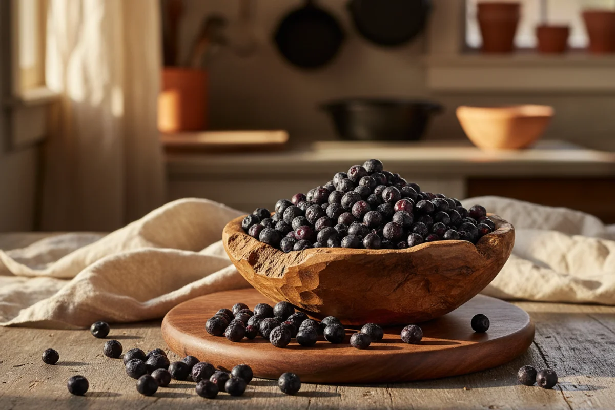 Ripe Canadian serviceberries in a rustic bowl on a walnut surface in warm natural light