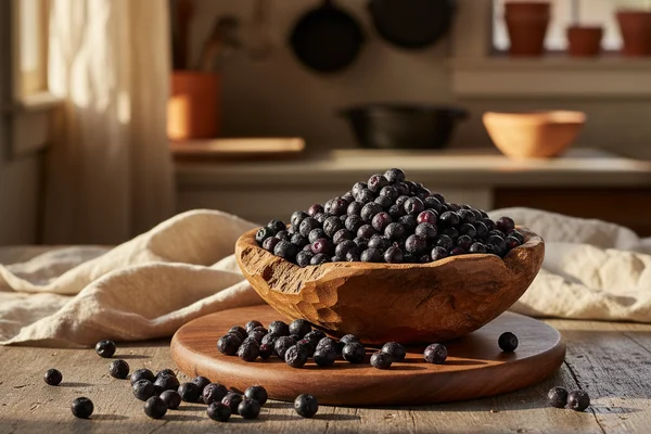 Ripe Canadian serviceberries in a rustic bowl on a walnut surface in warm natural light