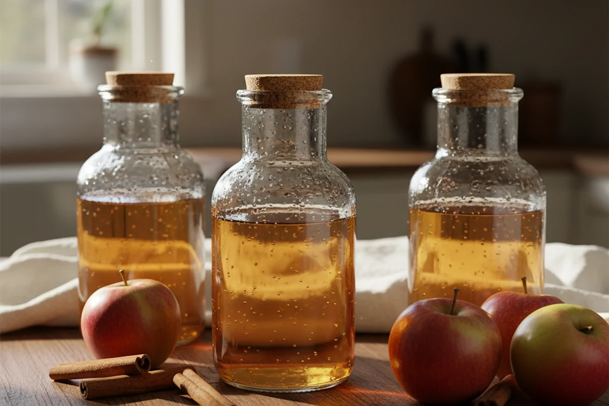 Rustic jars of golden apple wine on a walnut surface in warm natural light with cream linen nearby