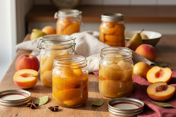 Jars of canned peaches and pears on a walnut surface in warm natural light, cream linen nearby