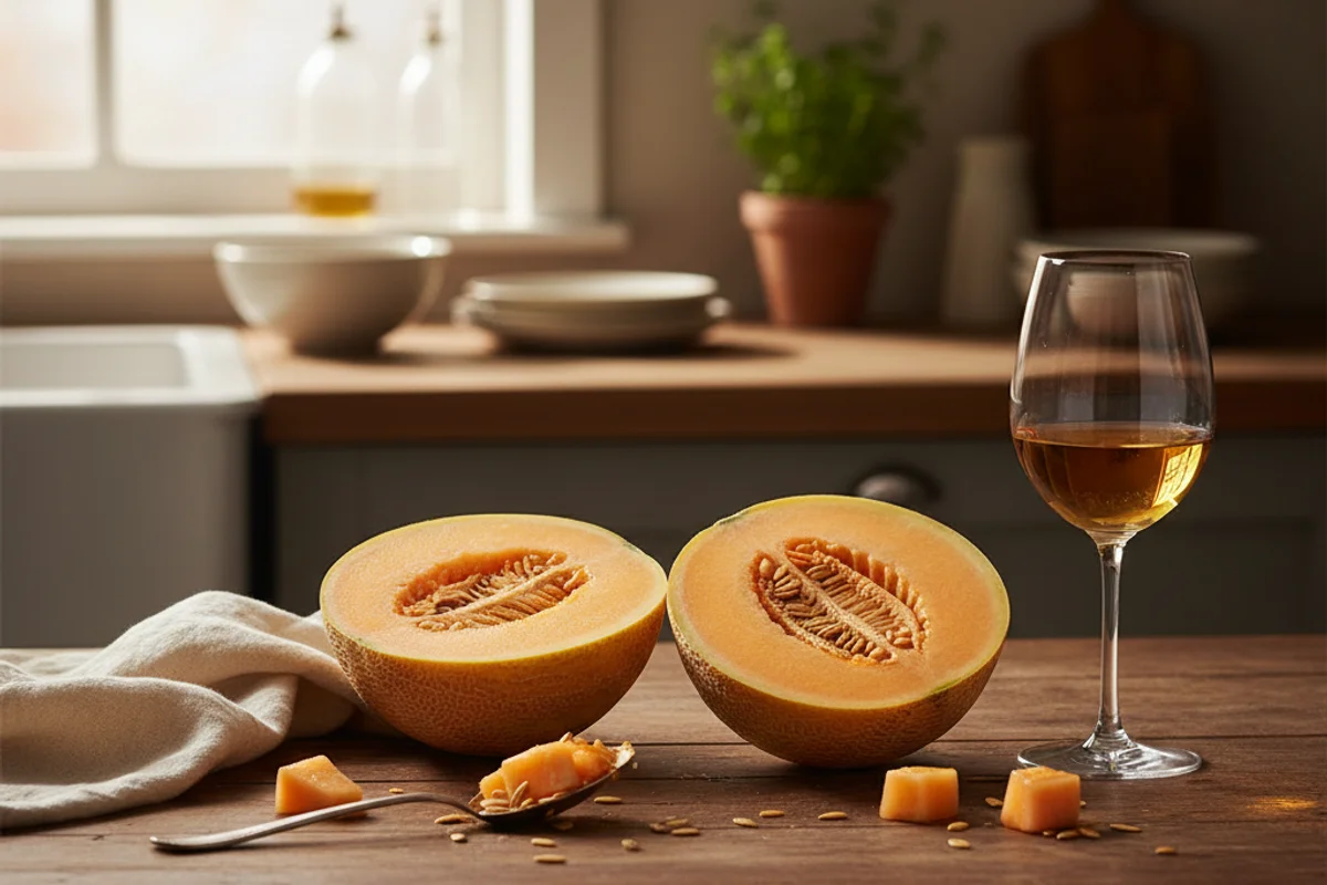 Sliced cantaloupe beside a glass of golden wine on a walnut surface in warm natural light