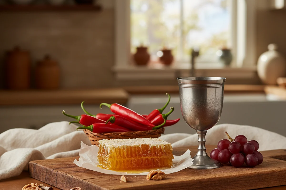Rustic jar of golden honey mead with dried red chiles resting on a warm walnut surface