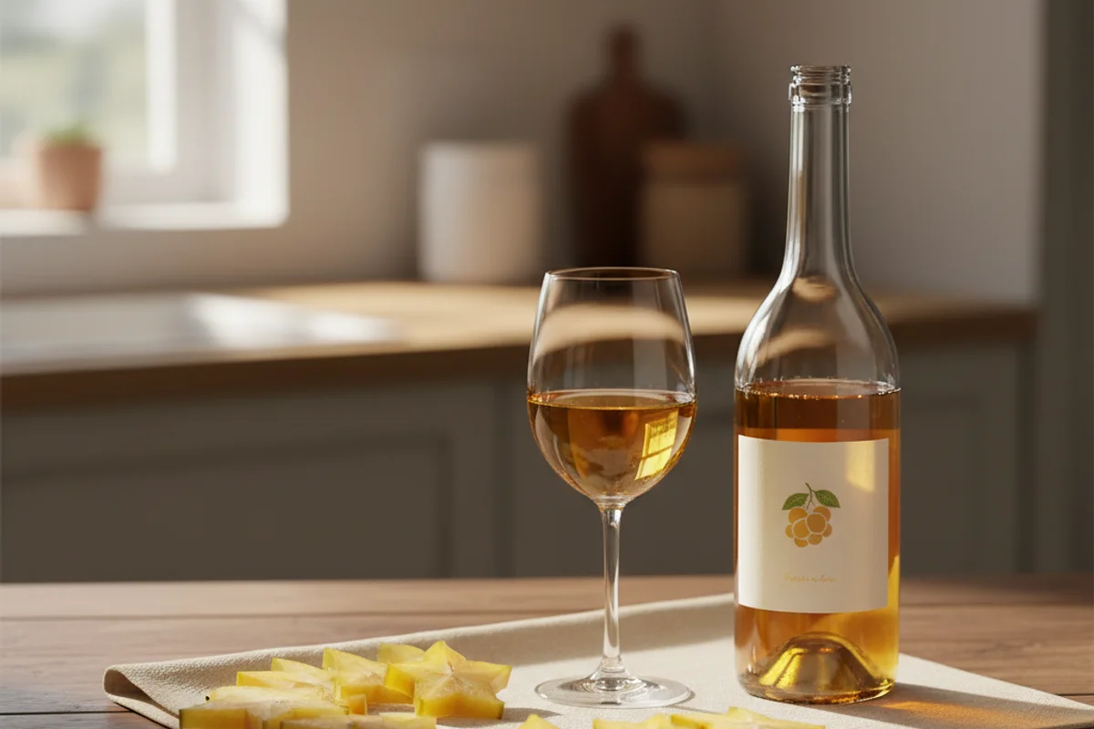 Fresh star fruit slices arranged beside a glass of pale golden wine on a walnut surface in soft natural light