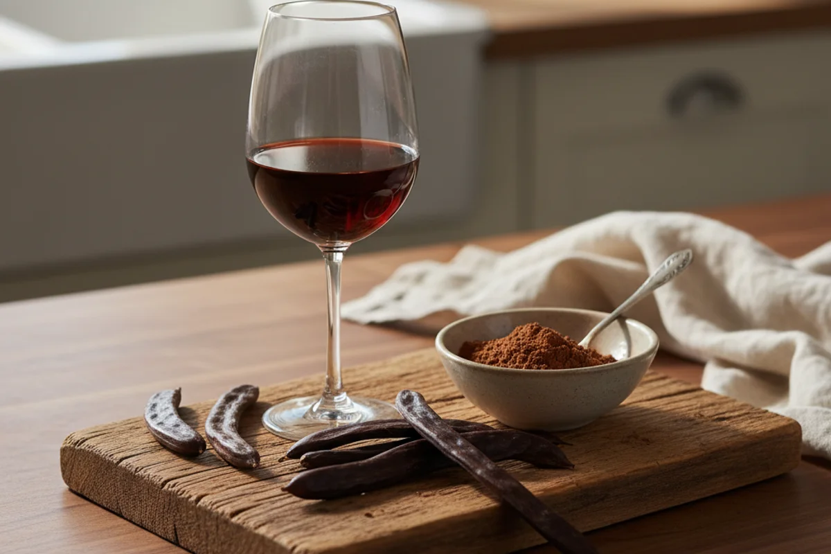 Carob pods and finished wine in a glass on a walnut surface bathed in warm natural light