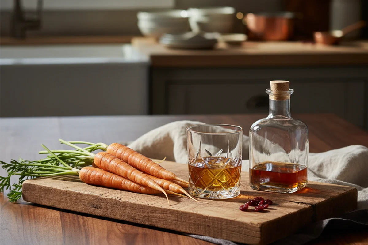 Amber carrot whiskey in a glass jar on a walnut surface, soft natural light, cream linen background