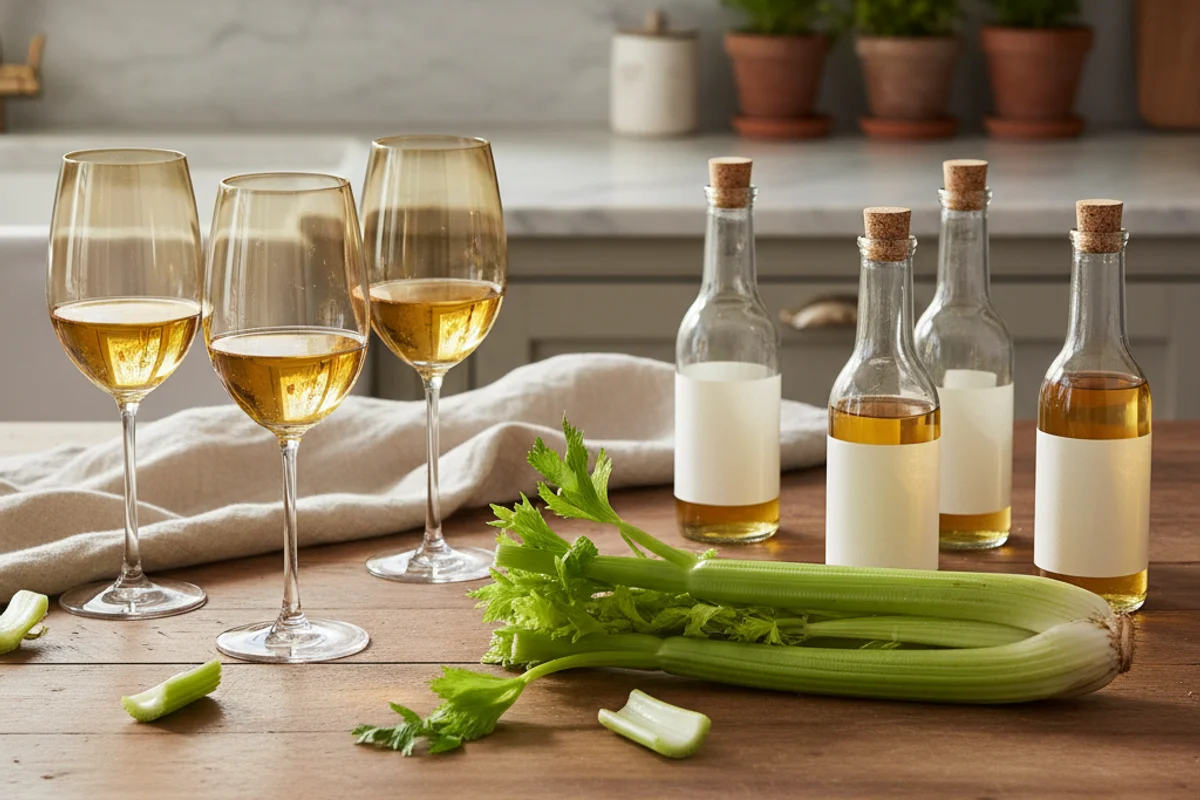 Pale golden celery wine in a glass beside fresh celery stalks on a walnut surface in soft natural light