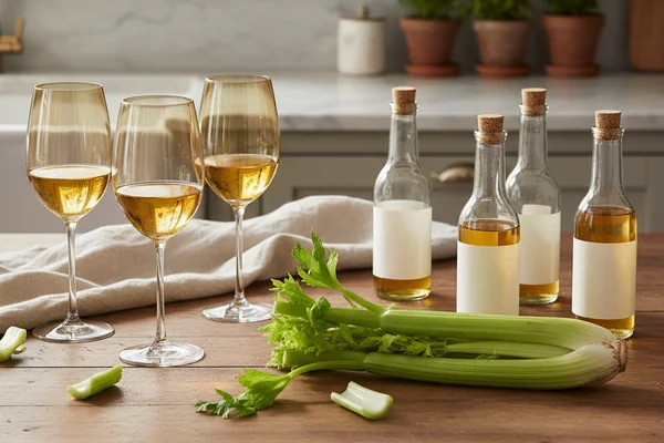Pale golden celery wine in a glass beside fresh celery stalks on a walnut surface in soft natural light