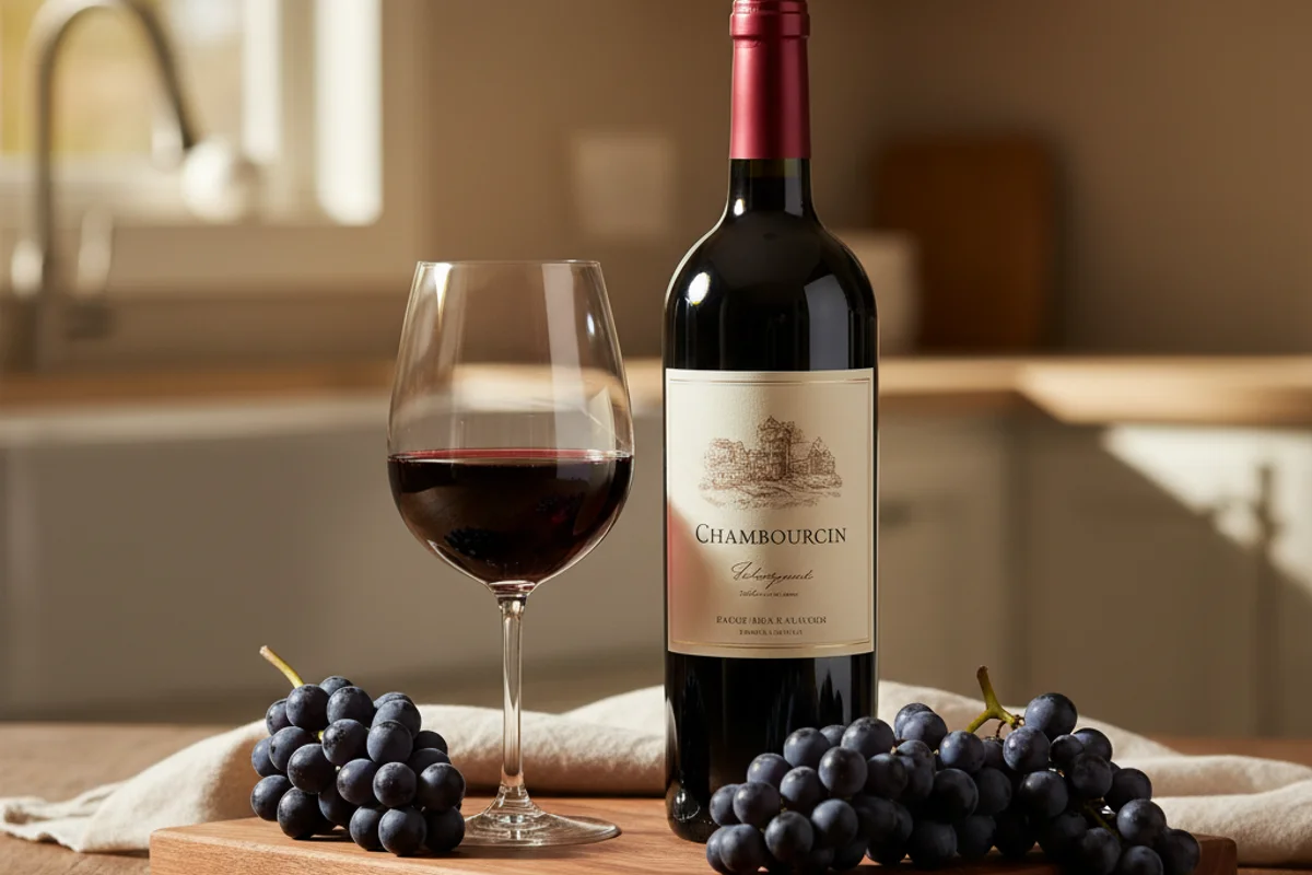 Deep ruby Chambourcin wine in a glass on a walnut surface, bathed in warm natural light beside cream linen.