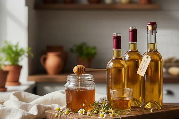 Dried chamomile flowers in a rustic bowl on a walnut surface beside a glass of pale golden wine