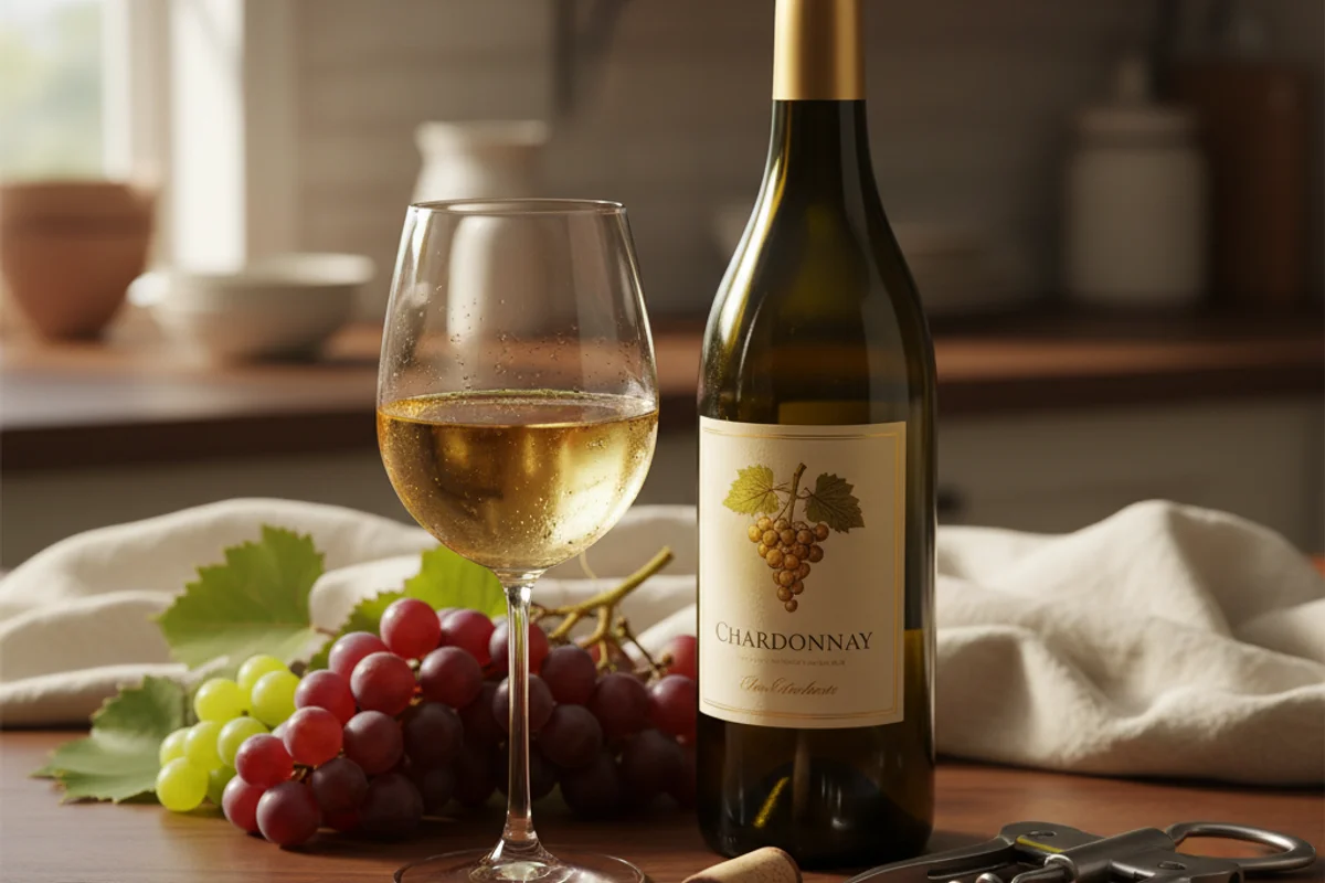 Chardonnay white wine in a glass on a walnut surface, soft natural light, cream linen backdrop