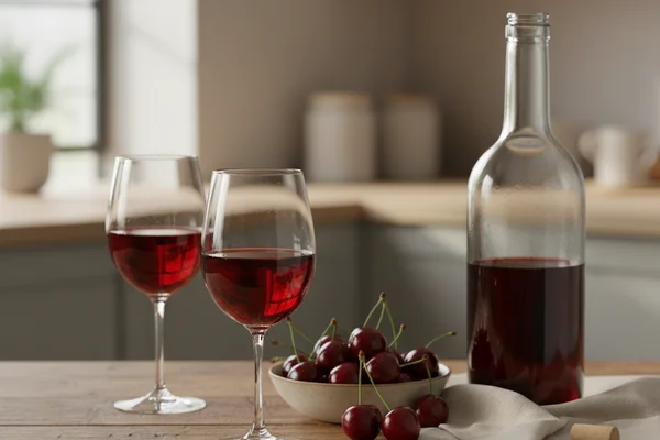 Homemade cherry wine in a glass beside fresh dark cherries on a walnut surface in warm natural light