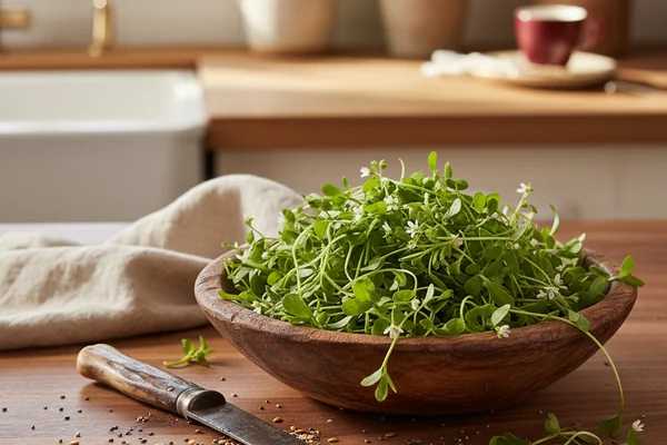 Fresh chickweed sprigs arranged on a walnut surface in warm natural light with cream linen nearby