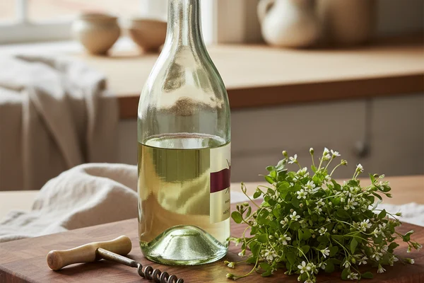 Fresh chickweed sprigs beside a glass of pale golden wine on a sunlit walnut surface