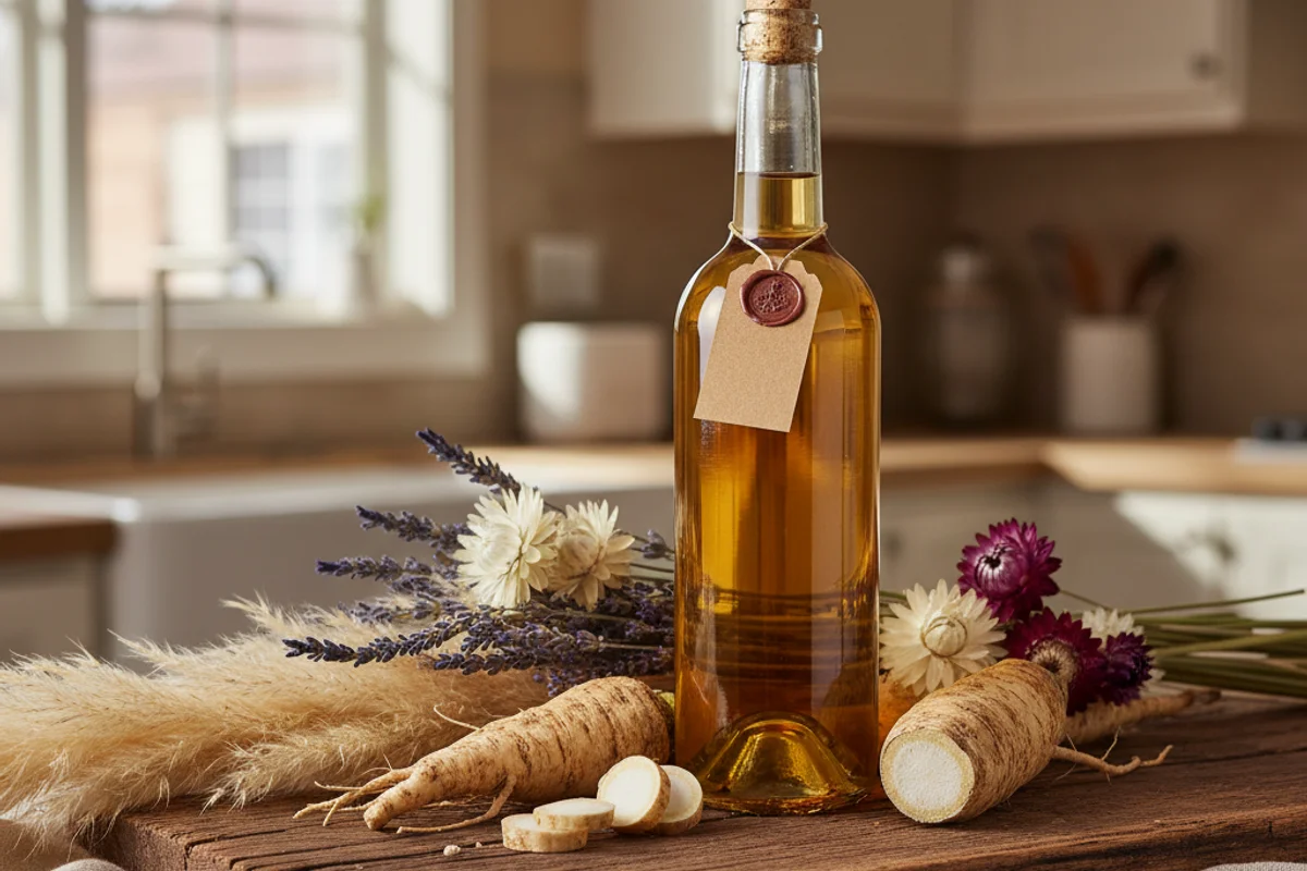 Dried chicory root and blossoms beside a glass of amber wine on a walnut surface in soft natural light