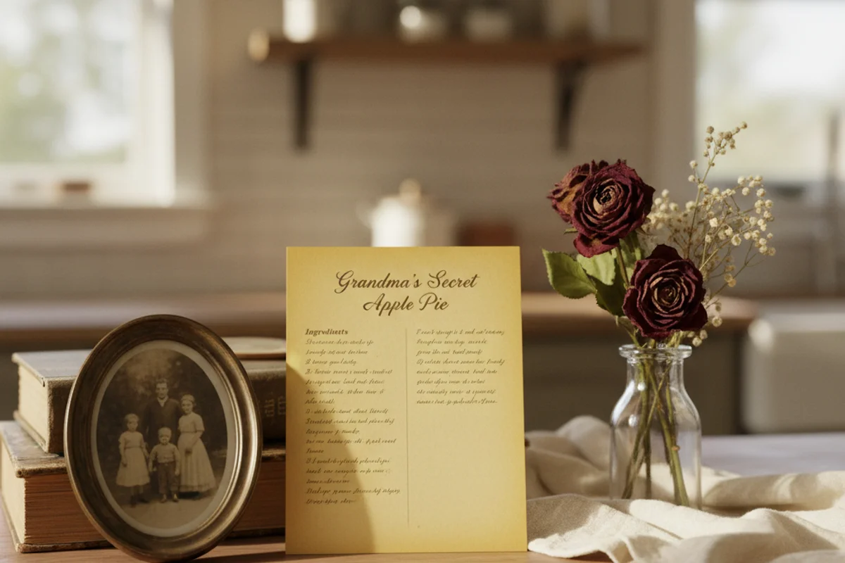 Christine Rosamond portrait memorial display with soft natural light on warm walnut surface and cream linen background