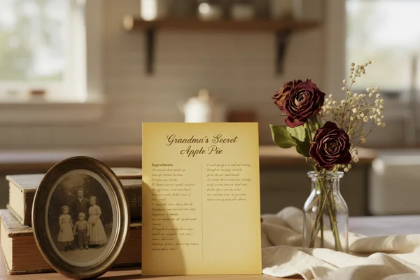 Christine Rosamond portrait memorial display with soft natural light on warm walnut surface and cream linen background