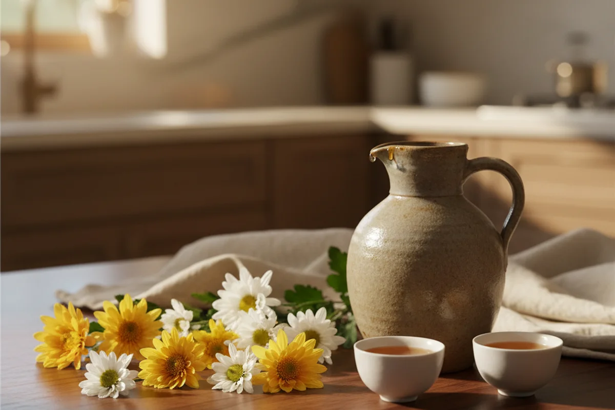 Dried chrysanthemum petals in a glass jar on a walnut surface beside a fermentation airlock and cream linen cloth